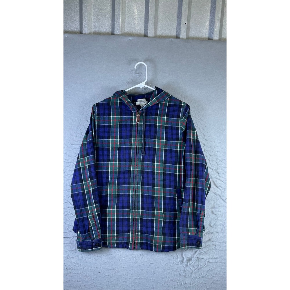 L.L. Bean Flannel Hoodie Mens S Blue Excellent Plaid Relaxed Fit Full Zip 14482